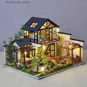 Architecture/Bricolage Maison DIY Casa en bois Kit de maison de poupée japonaise assemblé meubles miniatures maison de poupée légère avec fleurs de cerisier jouets pour cadeaux pour adultes