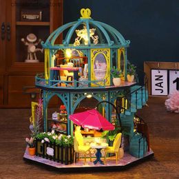 Arquitectura/casa de bricolaje Casas de muñecas de madera DIY Cafetería romántica Casa Kits de construcción en miniatura con muebles Luces LED Casa de muñecas para regalos para adultos