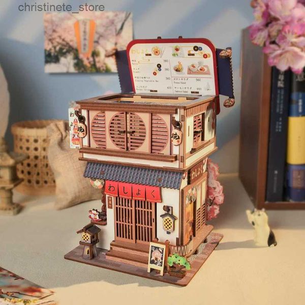 Arquitectura/Casa de Bricolaje DIY Cocina Japonesa de Madera Restaurante Kits de construcción en Miniatura Vista de la Calle de la Ciudad Casas de muñecas 3D Caja de Almacenamiento de Escritorio Regalos para Amigos