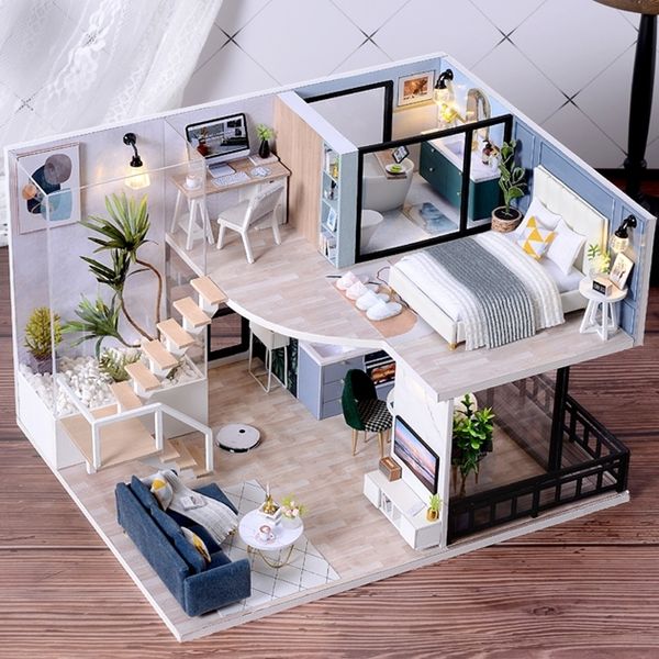 Arquitectura DIY House Doll Kit 3D Mini ensamblaje de madera Edificio con muebles Juguetes Regalo de cumpleaños para niños Plantillas hechas a mano DIY 231129