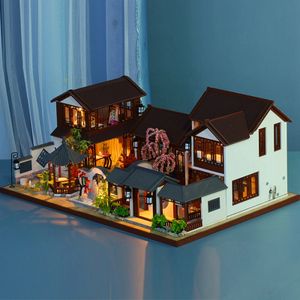 Architectuur DIY-huis Mini antieke poppenhuismodellen Kit Houten miniatuurpop met meubilair Speelgoed Batterij-aangedreven verlichte montage 231118