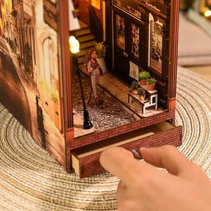 Arquitectura/casa de bricolaje en miniatura de muñeca set 3d rompecabezas de bricolaje kit de rincón de libros eternos de madera de madera con juguetes de modelo de construcción ligera para regalos