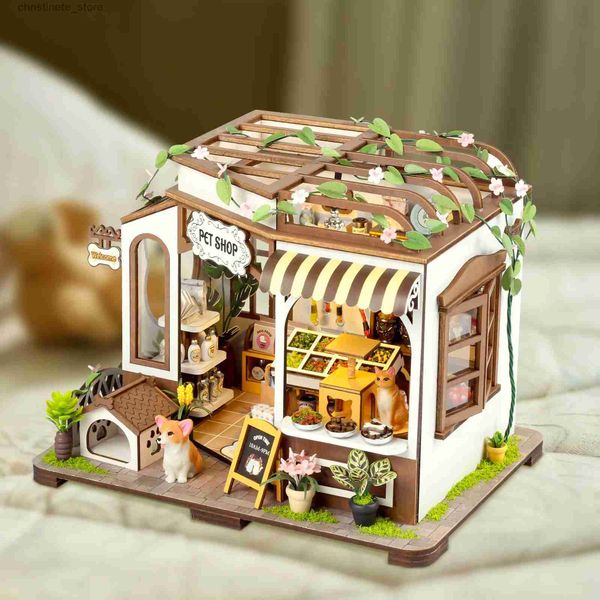 Architecture/Bricolage Maison Nouveau bricolage en bois Casa maisons de poupée Kits de construction miniatures animalerie maison de poupée avec meubles lumières LED pour les cadeaux d'anniversaire des filles
