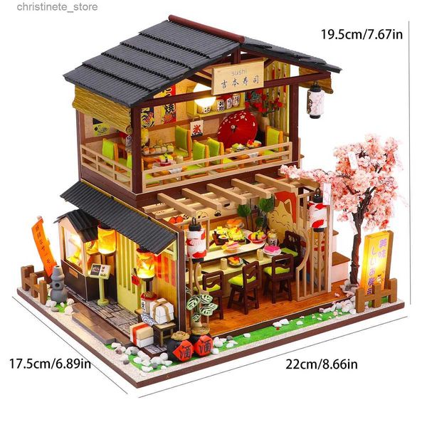 Architecture/Bricolage Maison Sushi Shop Maison de poupée Mini Kit de bricolage Production Salle d'assemblage Modèle Jouets Maison Chambre Décoration avec meubles Artisanat en bois 3D