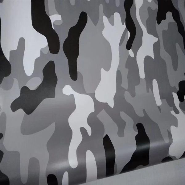 Vinilo de camuflaje blanco ártico, negro y gris para revestimiento para coche, película de cobertura de camuflaje con expulsión de aire, tamaño de burbuja 1, 52x10m, 20m, 266T