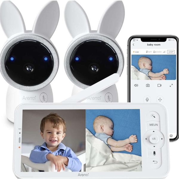 Moniteur de bébé vidéo à écran divisé à écran divisé avec deux caméras WiFi HD 2K, affichage 5 Color 720p, vision nocturne, détection de cri, détection de mouvement, capteur d'humidité temporaire