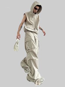 Arens Cargo Pants Sets Vest Hooded Summer 2 -delige outfit Japanse mouwloos pak mannelijk Koreaanse streetwear hiphop 240518