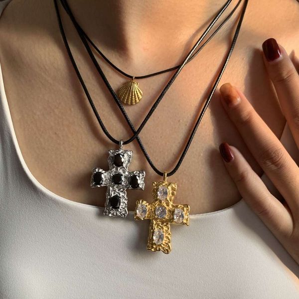Aretas bijoux religieux grosse croix pendentif collier femmes 18K or argent mode martelé texturé croix Zircon CZ collier