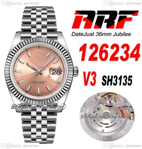 ARF V3 36 126234 SH3135 Automatische unisex Watch Mens dames dames gecanneleerde bezel roze stokkneed 904L Jubileesteel Bracelet Super Edition dezelfde serie kaart puretime d4