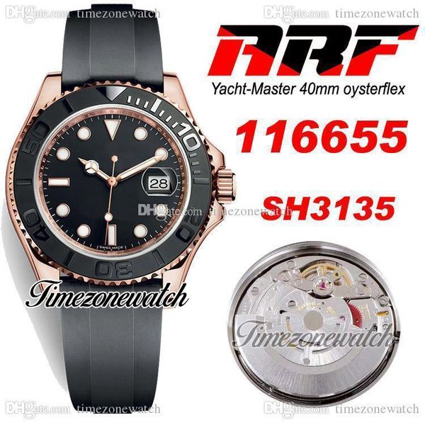 ARF Y-M 116655 SH3135 Reloj automático para hombre Acero 904L Oro rosa Bisel de cerámica 3D Esfera negra Correa de caucho Oysterflex con tarjeta de garantía Super Edition Timezonewatch R02