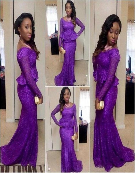 Arfrican Purple Mermaid Prom Evening Vestes 2019 ASO EBI Mangas largas Lace Lace Prom Vestido Peplum Vestido formal sin espalda6123608