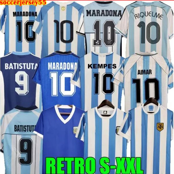 Argentine Retro Soccer Jersey Shirt de football vintage Maradona 1986 1986 1996 1998 2000 2001 2006 2010 Kempes Batistuta Riquelme Higuain Kun Aguero AIMAR Uniformes 55
