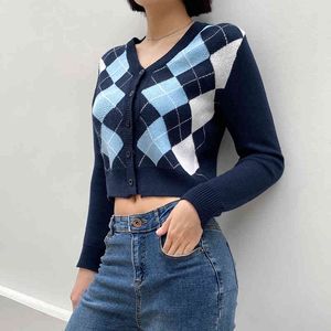 Argyle Button-Down Gebreide Cardigan Sweaters voor Dames Lange Mouwen Winter Mode Herfst Kleding Koreaanse Jas Crop Top Femal 210415