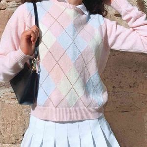 Argyle Géométrique y2k Esthétique Rose Chandail Tricoté Femmes Automne Preppy Style Plaid O-cou À Manches Longues Pull Tops Jumper 210415