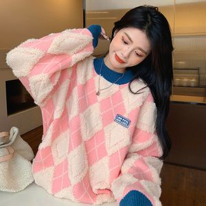 Argyle femmes pull hiver pull tricoté pull lâche mode coréenne Patchwork épais chaud hiver dames manteaux nouveau