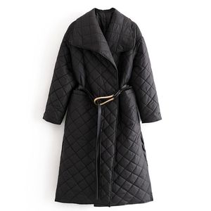 Argyler Vestes coupe-vent Femmes Noir Long Parkas avec poches de ceinture Femme Bureau Lady Élégant Manteau d'hiver Veste Femme 210515