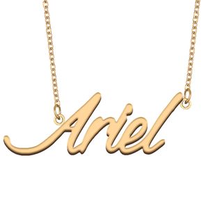 Collier avec nom Ariel en or pour femme, plaque signalétique personnalisée, cadeaux pour petite amie, enfants, meilleurs amis, bijoux en acier inoxydable plaqué or 18 carats