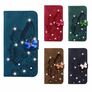 Bing Diamond 3D vlinder lederen portemonnee hoesjes voor iPhone 15 Plus 14 13 Pro Max 12 11 XR XS 8 7 6 Luxe Vintage Dierenhouder Kaartsleuf Flip Cover Retro Bloemenzakje