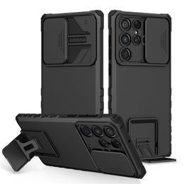 Armor Coques de téléphone avec béquille intégrée Slide Camera Cover Coque de protection antichoc de qualité militaire pour Samsung Galaxy S23 Ultra S22 Plus S21 S20 FE Note 20