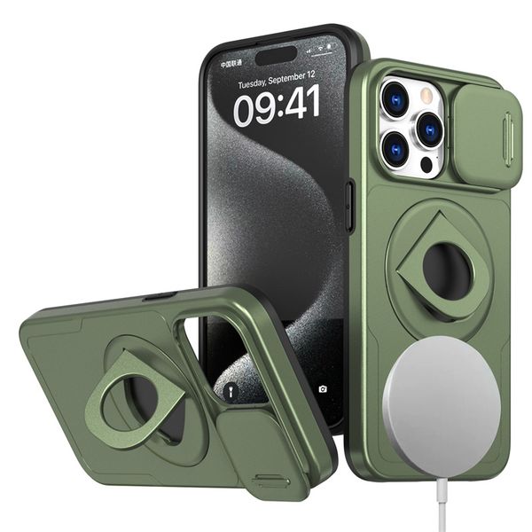 Funda magnética para teléfono con soporte de anillo de armadura para iPhone 15 Pro Max 14 13 12 11, protección de lente de cámara deslizante para cubierta de carga inalámbrica MagSafe, carcasa dura a prueba de golpes