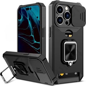 Funda multifunción blindada a prueba de golpes para iPhone 15 14 13 12 11 Funda tipo billetera con ranura para tarjeta oculta Soporte invisible Cubierta de lente con ventana deslizante trasera