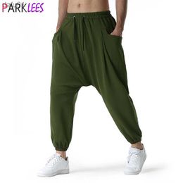 Army Green Baggy Genie Boho Yoga Harembroek Katoen Low Drop Crotch Joggers Joggingbroek Mens Casual Hippie Streetwear Broek L230520