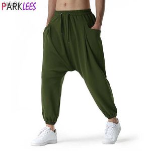 Ejército verde Baggy Genie Boho Yoga Harem pantalones de algodón Low Drop Crotch Joggers pantalones de chándal para hombre Casual Hippie Streetwear pantalones L230520