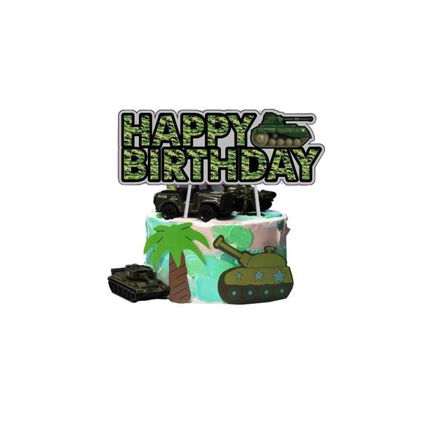 Topper de gâteau de camouflage vert de l'armée pour décorations de fête à thème militaire Boy Birthday Party Supplies Camo Tank Cupcake Topper