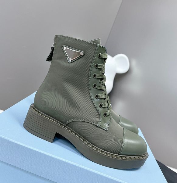 Army Green Fashion Botines Zapatos de mujer Lace Up Tail Zipper Wear Botas de diseñador Triángulo Tela Espuma impermeable Material mocasines entrenador