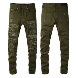 Army Green Jeans Hombres Patch Slim Fit 11 Pantalones de mezclilla de motorista de alta calidad Pantalones de hip hop Tamaño 28-40