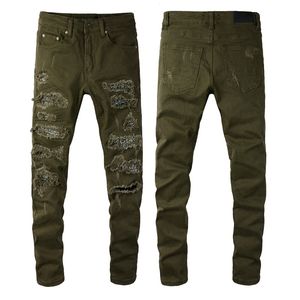 Army Green Jeans Men Patch Slim Fit 11 hoogwaardige Biker denim broek hiphop broek Maat 28-40