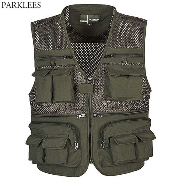 Chaleco multibolsillo fino de malla verde militar para hombre, chaleco informal de trabajo de carga sin mangas en 7 colores para pesca, escalada, pografía 5XL 210522