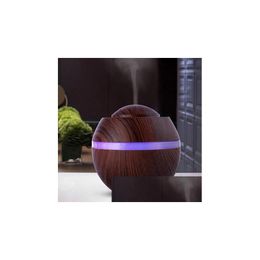 Humidificateur d'air d'aromathérapie 500Ml Nouveau diffuseur d'arôme Trasonic avec grain de bois 7 changement de couleur Led Night Light Mist Make Drop Delive Dhznl