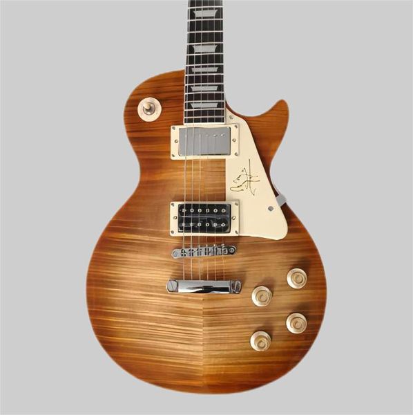Arrivée 1959 Jimmy Page Tiger Flame Top Maple Brown Sun Burst Guitare électrique Corps en acajou, quincaillerie chromée