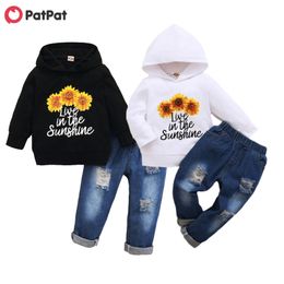 Arrivée Automne et Printemps 2 pièces Bébé Enfant Tournesol Pull à capuche Denim Pantalons Ensembles Vêtements pour enfants 210528