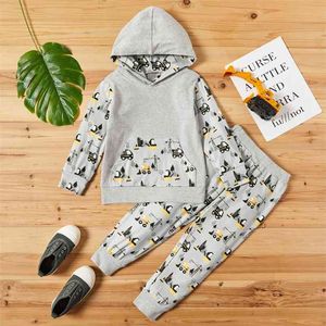 Arrivée automne et hiver 2 pièces bébé/enfant en bas âge voiture impression pull à capuche pantalon ensemble enfants vêtements pour garçon 210528