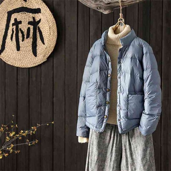 Llegada Otoño Invierno Mujer Abajo Abrigo de un solo pecho Chaqueta de pato blanca ultraligera Bolsillo grande Abrigos cortos sueltos M260 210512