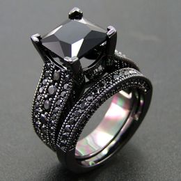 Aankomst zwart vergulde sieraden ring set AAA zwarte kubieke zirkoon steen ring set vrouwen trouwringen maat 5/6/7/8/9/10/11 210524