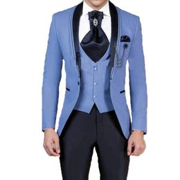 Nouveauté bleu marié Tuxedos garçons d'honneur châle revers un bouton hommes costumes homme Blazer trois pièces veste pantalon gilet 240123