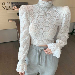 Aankomst Casual Floral Women Shirt Tops Puff Sleeve Lace White Blouse Shirts Turtleneck Korte Sexy Corset Top Blusas 12710 210528