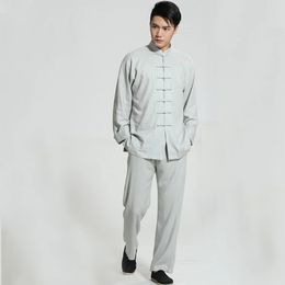 Arrivée Chinois Mens en coton solide Linn Kung Fu Suit à manches longues wu shu tai chi ensembles de vêtements bouddhistes S-3xl 240403