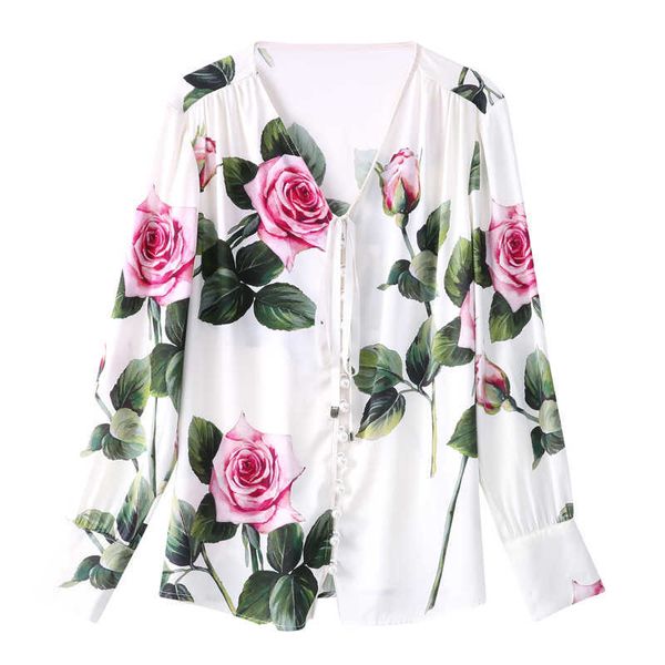 Arrivée Designer Rose Fleur Floral Noeud Papillon Col Élégant Femmes Bureau Travail Blouse Blusas Femme Top Chemises Plus La Taille 210529