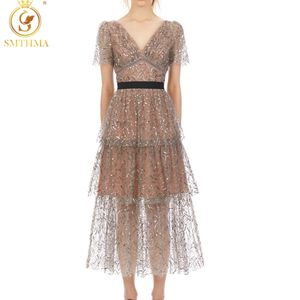 Arrivée Designer Runway Vintage V Cou Haute Taille Robes de soirée Femmes Brodées Paillettes Robe d'été Robes 210520