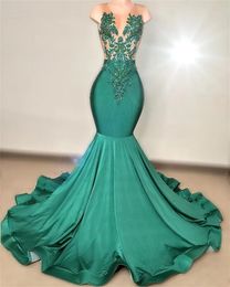 Arrivée Vert Satin Nouvelle Sirène Robes De Bal 2024 Sheer Glitter Perle Cristal Strass Robe pour Les Filles Noires Robe De Soirée