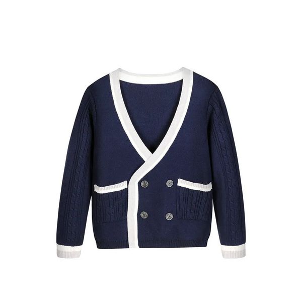 Arrivée Cardigans tricotés pour grands garçons Angleterre Style Double boutonnage Manteaux Printemps Automne Bleu Marine Adolescent Uniforme Pull 231226