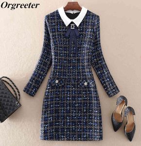 Aankomst Revers Contrasterende kleur Kralen strikje Aline Tweed Jurk Dames Marineblauw Wollen Kort Plus Size SXL 2105256876899