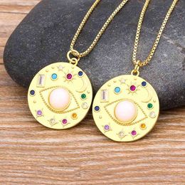 Aankomst gelukkige Turkse boze oog ronde hanger goud kleur lange ketting ketting voor vrouwen meisjes mode parel inlay sieraden cadeau