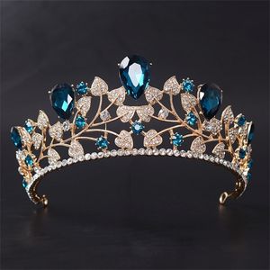 Llegada Magnífico Azul Rojo Nupcial Corona Tiaras Moda Diadema Dorada para Mujeres Boda Accesorios Para el Cabello Joyería 210707