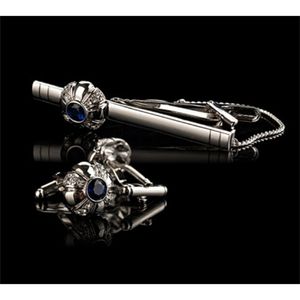 Aankomst Heren Manchetknopen Blue Color Crystal Brass Manchetknuffel en Tie Clip Sets