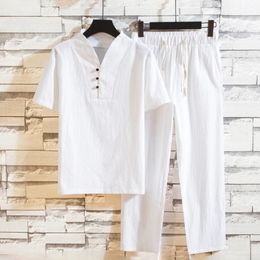 Heren T-shirt van katoen en linnen met korte mouwen, enkellange broek, effen overhemd, broek, thuiskostuum, herenmaat S-3XL 240223